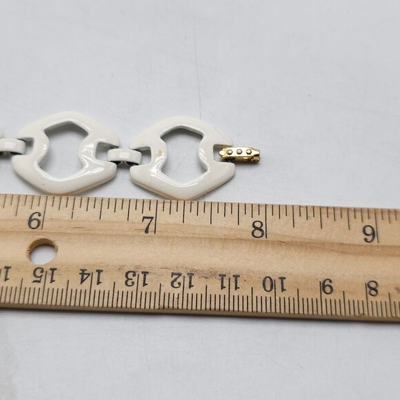 Vintage Off White Enamel Geometric Link Bracelet With Gold Tone Clasp - Picture 6 of 6